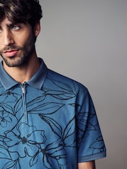 Blue/Black Floral Pattern Quarter Zip Polo Shirt - Image 4 of 8