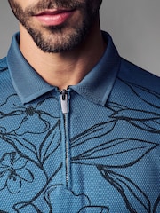 Blue/Black Floral Pattern Quarter Zip Polo Shirt - Image 5 of 8
