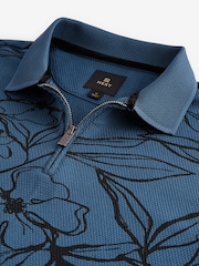 Blue/Black Floral Pattern Quarter Zip Polo Shirt - Image 8 of 8