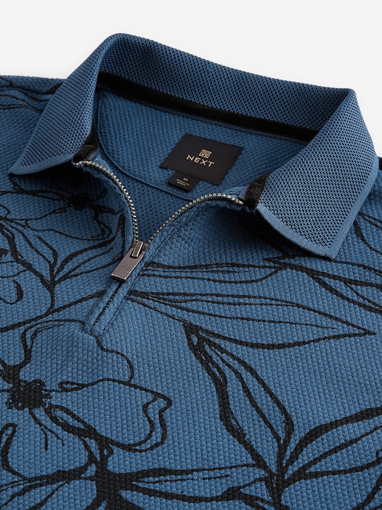 Blue/Black Floral Pattern Quarter Zip Polo Shirt - Image 8 of 8