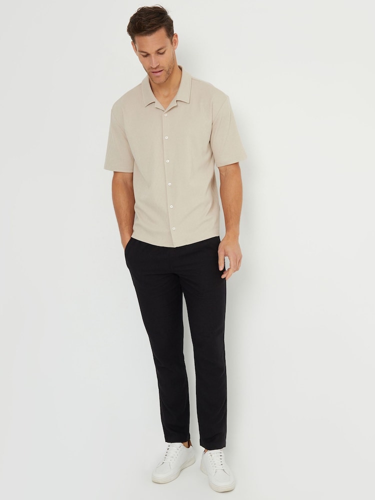 Threadbare Stone Textured Short Sleeve Cotton Shirt With Stretch - Image 1 of 4