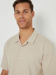 Threadbare Stone Textured Short Sleeve Cotton Shirt With Stretch - Image 4 of 4