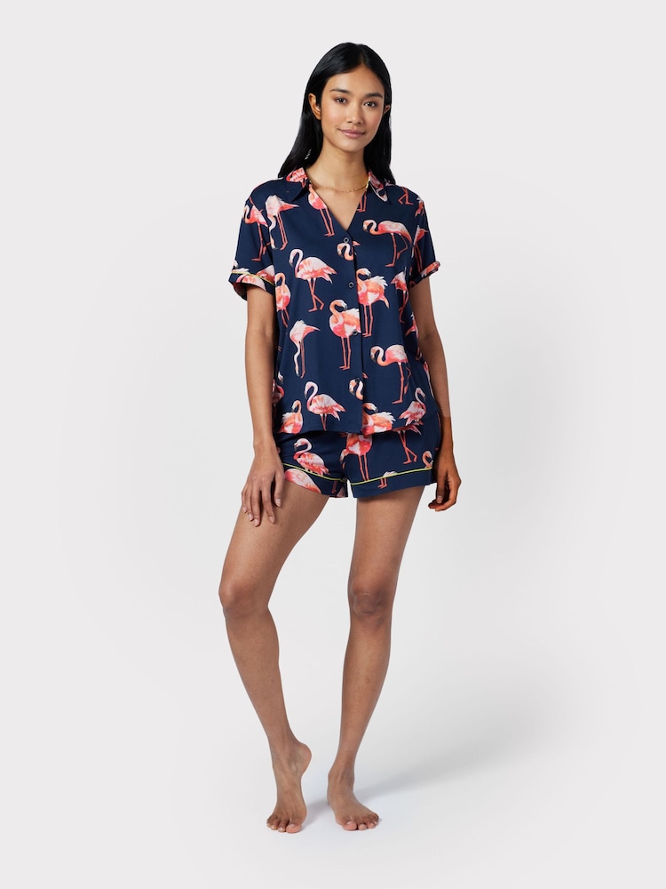 Chelsea Peers Blue Flamingo Print Short Pyjama Set - Image 1 of 5