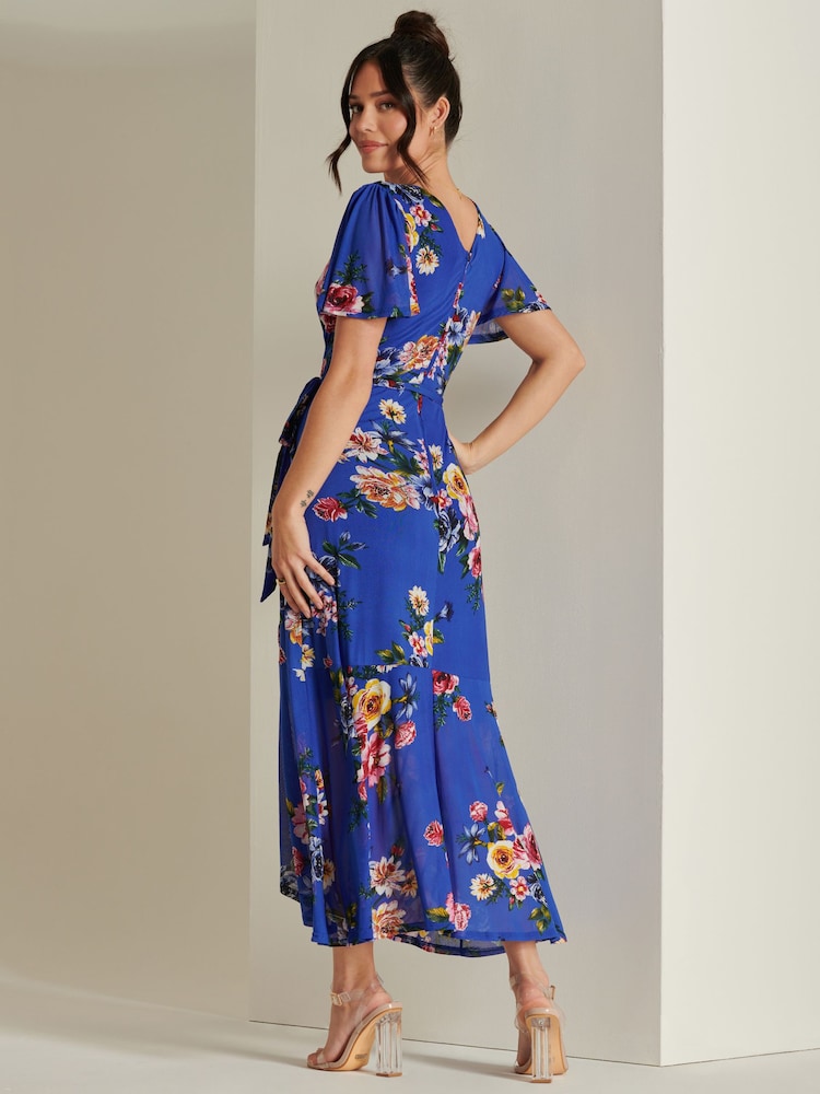 Jolie Moi Blue Frill Dip Hem Mesh Midi Dress - Image 2 of 5