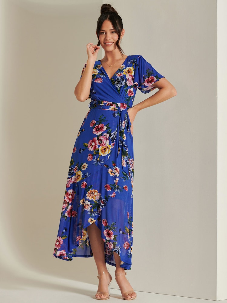 Jolie Moi Blue Frill Dip Hem Mesh Midi Dress - Image 6 of 6