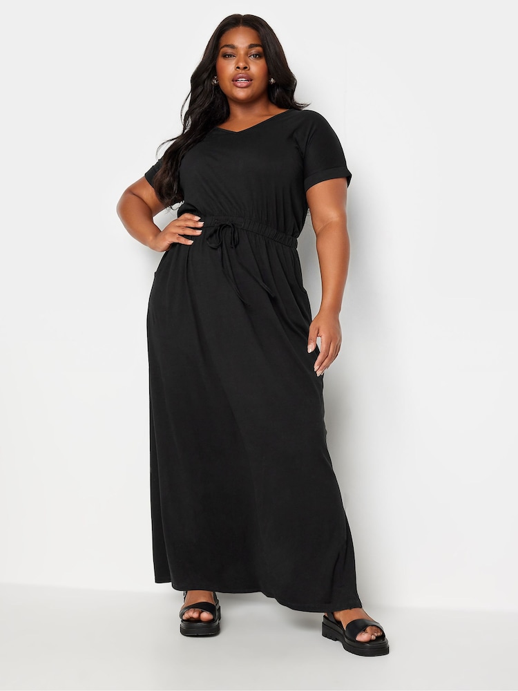 Yours Curve Black 100% Cotton Side Split Drawcord Maxi Dress - Image 2 of 5