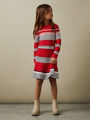 Reiss Red Remi 4-9 yrs Knitted Striped Skater Dress - Image 1 of 4