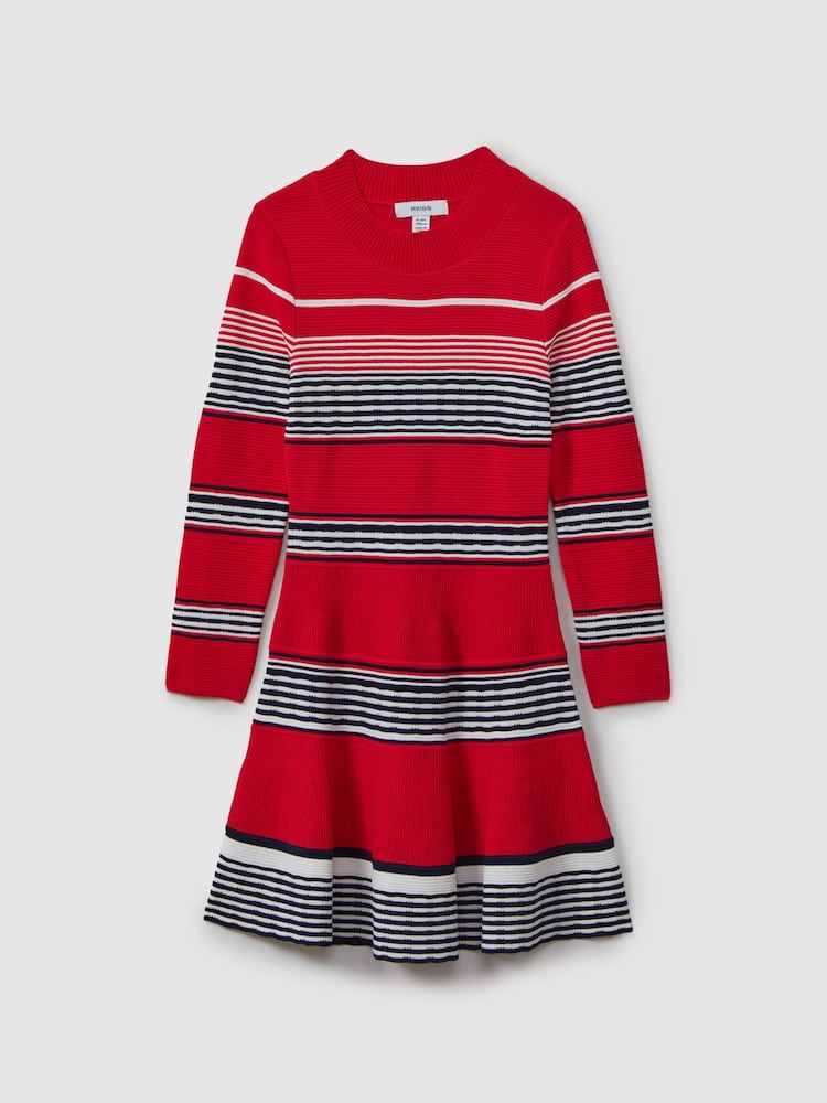 Reiss Red Remi 4-9 yrs Knitted Striped Skater Dress - Image 2 of 4