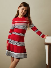 Reiss Red Remi 4-9 yrs Knitted Striped Skater Dress - Image 3 of 4