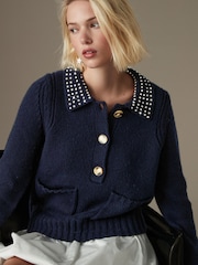 Navy Blue Gem Embellished Collar Jumper - Image 1 of 7