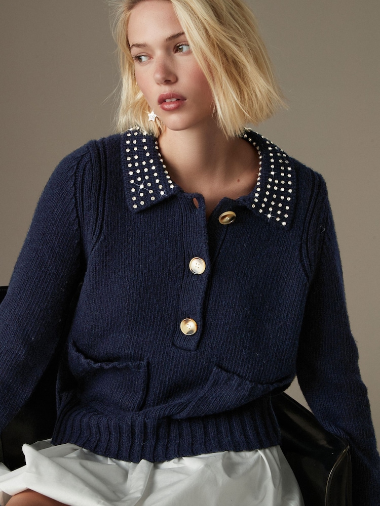 Navy Blue Gem Embellished Collar Jumper - Image 1 of 7