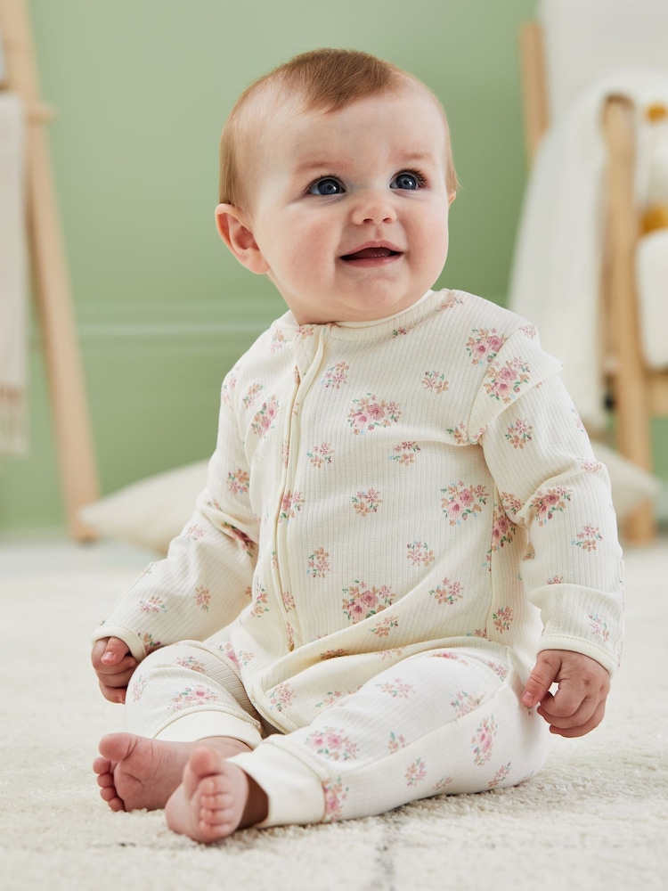 JoJo Maman Bébé Cream Rose Print Ribbed Footless Sleepsuit - Image 1 of 6