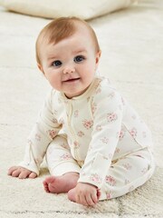 JoJo Maman Bébé Cream Rose Print Ribbed Footless Sleepsuit - Image 2 of 6