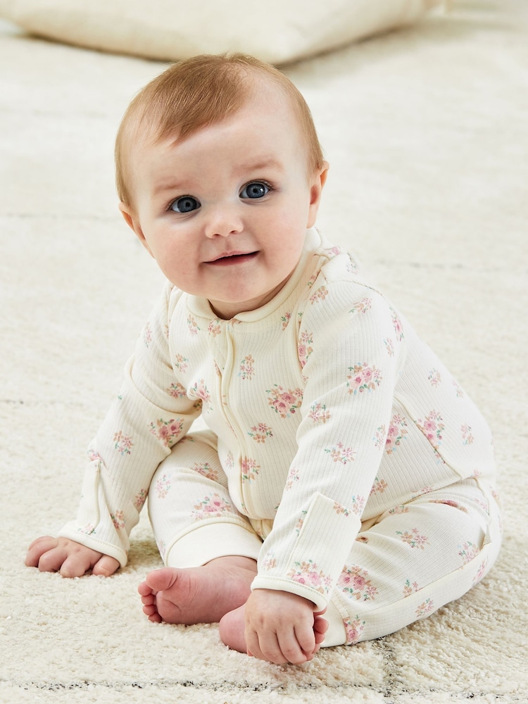 JoJo Maman Bébé Cream Rose Print Ribbed Footless Sleepsuit - Image 2 of 6