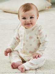JoJo Maman Bébé Cream Rose Print Ribbed Footless Sleepsuit - Image 3 of 6