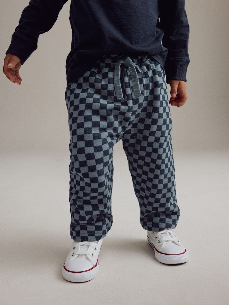 Navy Blue Checkerboard 100% Cotton Patterned Jersey Joggers (3mths-7yrs) - Image 1 of 8