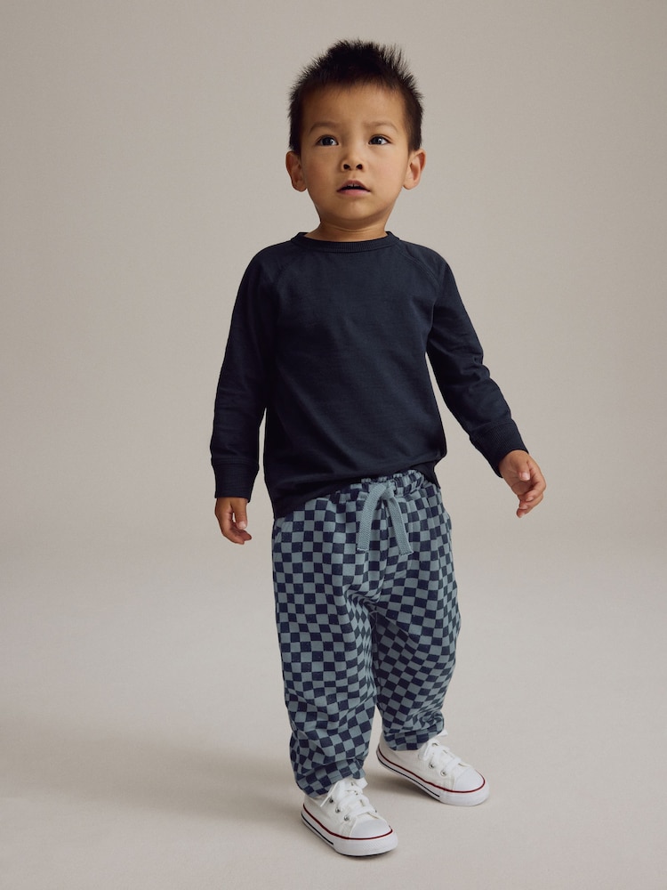 Navy Blue Checkerboard 100% Cotton Patterned Jersey Joggers (3mths-7yrs) - Image 2 of 8