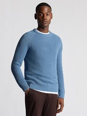 Remus Uomo Blue Textured Crew Neck 100% Cotton Jumper - Image 1 of 6
