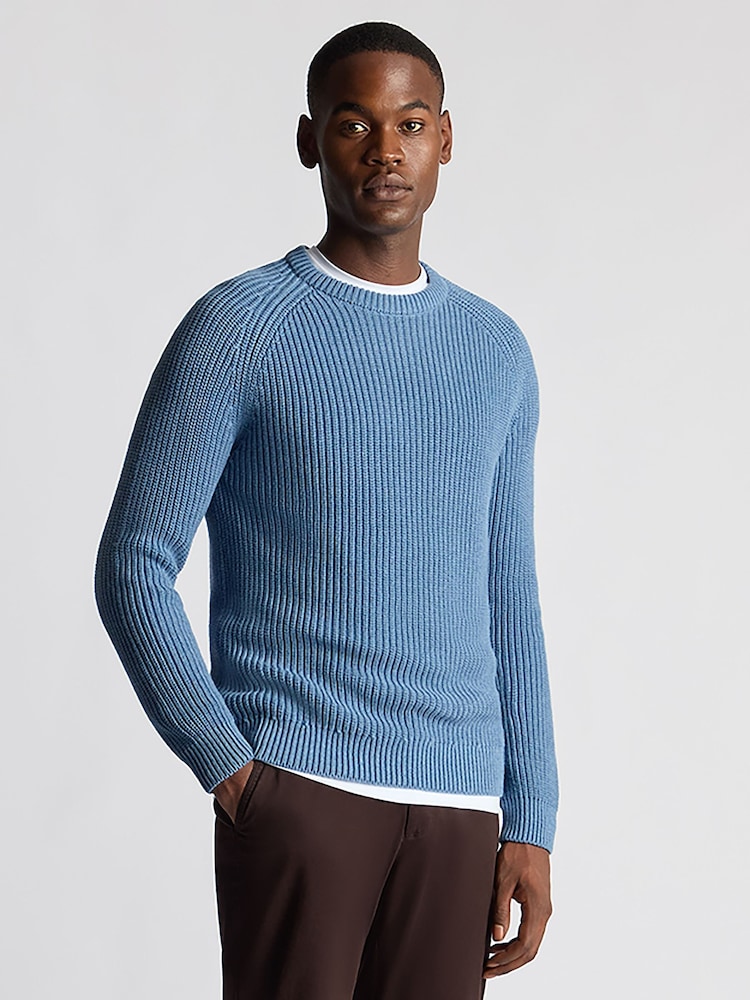 Remus Uomo Blue Textured Crew Neck 100% Cotton Jumper - Image 1 of 6 Remus Uomo Blue Textured Crew Neck 100% Cotton Jumper - Image 1 of 6