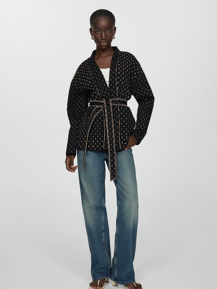 Mango Black Quilted Jacket With Embroidered Details - Image 1 of 7