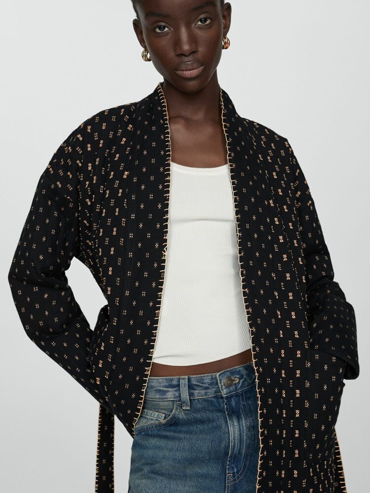 Buy Mango Black Quilted Jacket With Embroidered Details from the