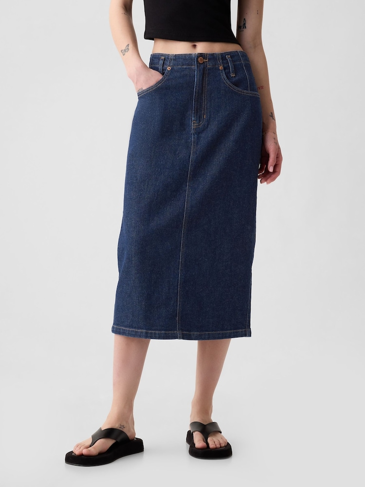 Gap Blue Button Back Denim Midi Pencil Skirt - Image 2 of 5