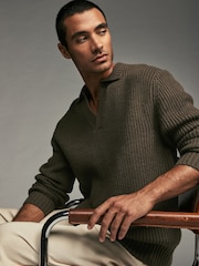 Khaki Green Polo Neck Regular Fit Rib Texture Jumper with Wool - Image 1 of 7