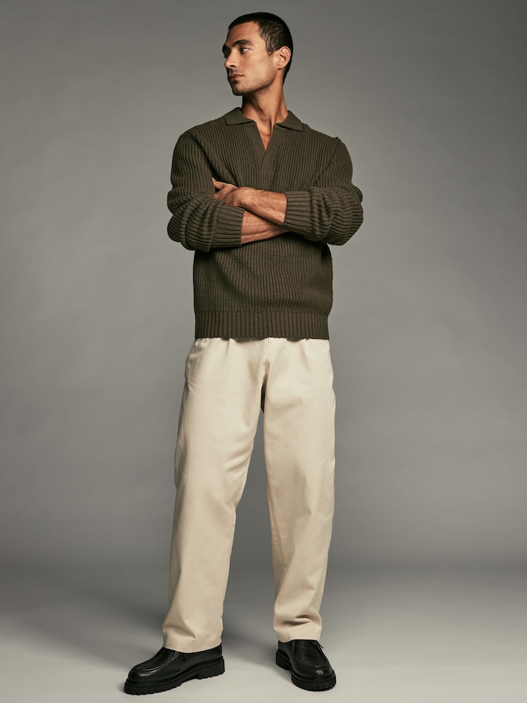 Khaki Green Polo Neck Regular Fit Rib Texture Jumper with Wool - Image 2 of 7
