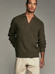 Khaki Green Polo Neck Regular Fit Rib Texture Jumper with Wool - Image 3 of 7