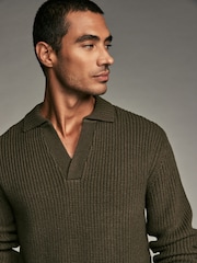 Khaki Green Polo Neck Regular Fit Rib Texture Jumper with Wool - Image 4 of 7