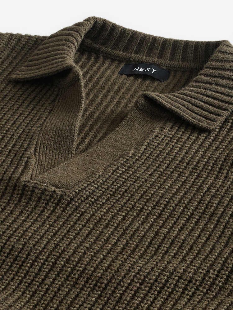 Khaki Green Polo Neck Regular Fit Rib Texture Jumper with Wool - Image 7 of 7