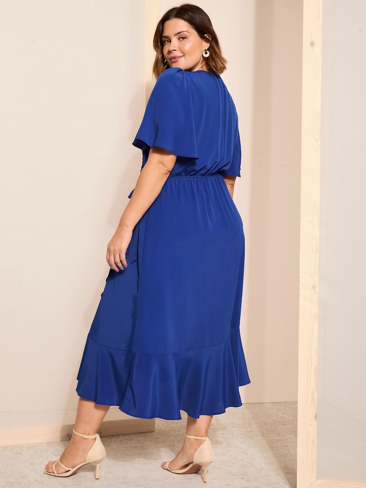 Friends Like These Blue Chiffon Mix Flutter Sleeve Wrap Midi Dress - Image 4 of 4 Friends Like These Blue Chiffon Mix Flutter Sleeve Wrap Midi Dress - Image 4 of 4