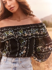 Lipsy Black Chiffon Dobby Printed Bardot Top - Image 1 of 4