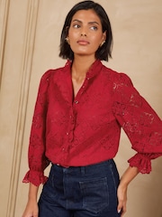Love & Roses Red Lace Ruffle Front 3/4 Sleeve Blouse - Image 1 of 6