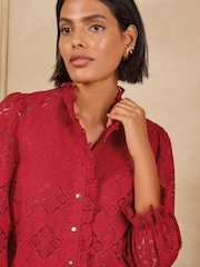 Love & Roses Red Lace Ruffle Front 3/4 Sleeve Blouse - Image 2 of 6