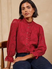 Love & Roses Red Lace Ruffle Front 3/4 Sleeve Blouse - Image 4 of 6