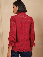 Love & Roses Red Lace Ruffle Front 3/4 Sleeve Blouse - Image 5 of 6