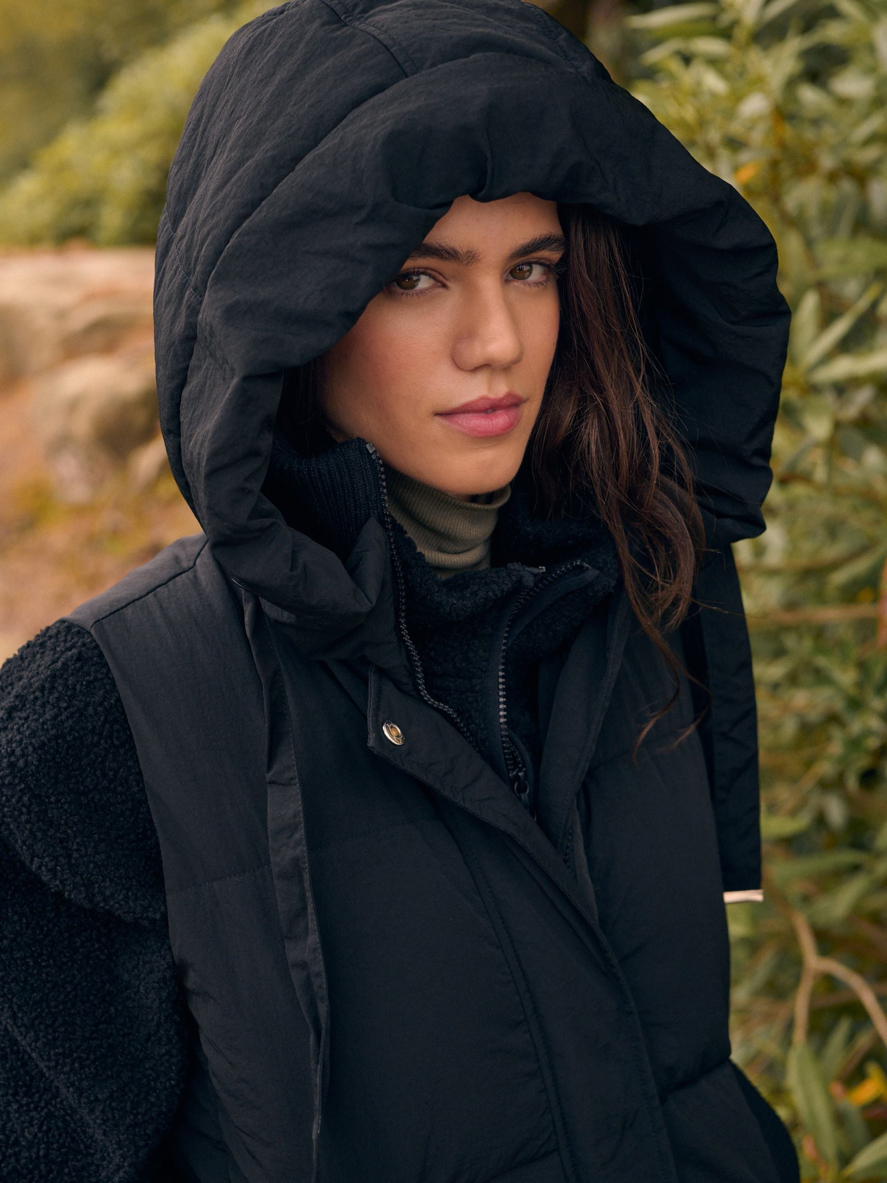 Buy Black Shower Resistant Knit Collar Hooded Padded Gilet from