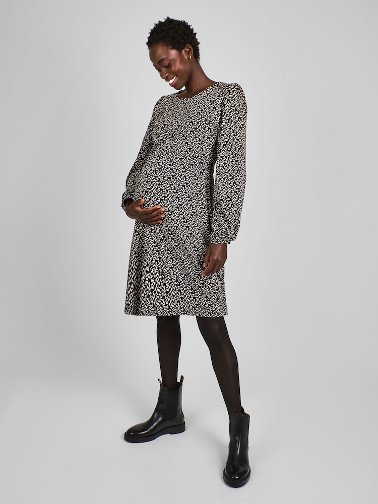 JoJo Maman Bébé Black Animal Round Neck Double Layer Maternity & Nursing Dress - Image 1 of 4