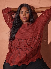 Yours Curve Red Ivory White Crochet Detail Jumper - Image 2 of 3