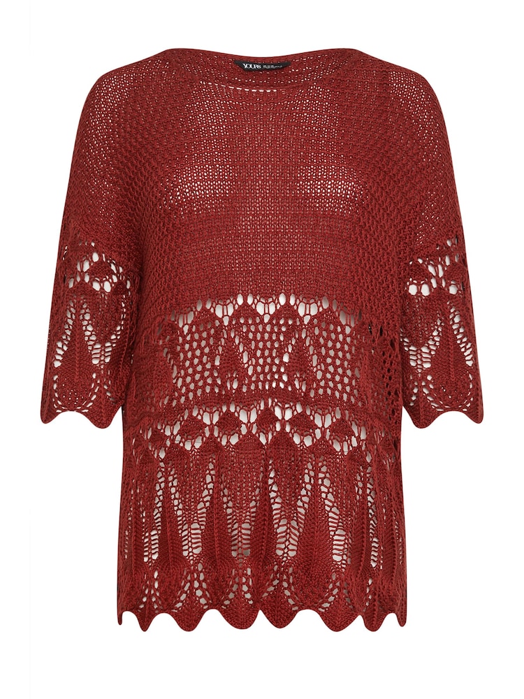 Yours Curve Red Ivory White Crochet Detail Jumper - Image 3 of 3