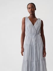 Gap Grey Pleated Tiered V Neck Midi Dress - Image 1 of 6