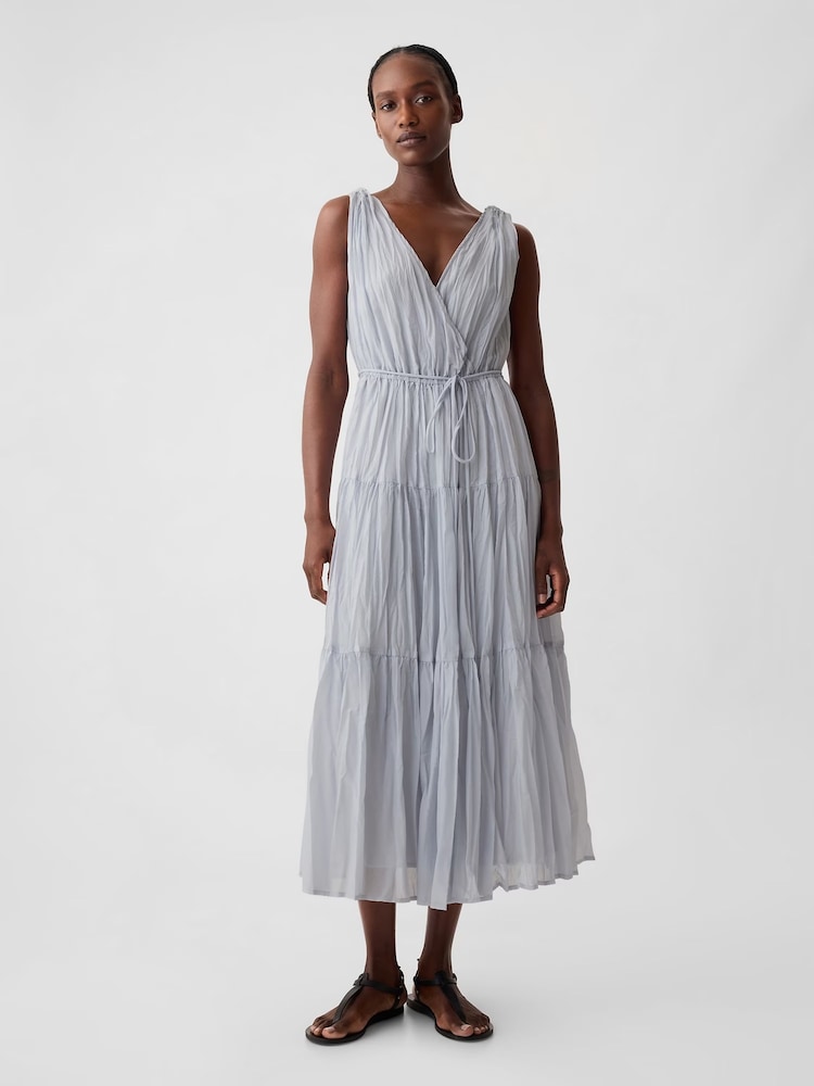Gap Grey Pleated Tiered V Neck Midi Dress - Image 2 of 6