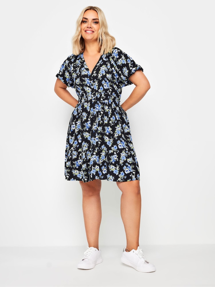 Yours Curve Blue Floral Print Button Through Dress - Image 1 of 5