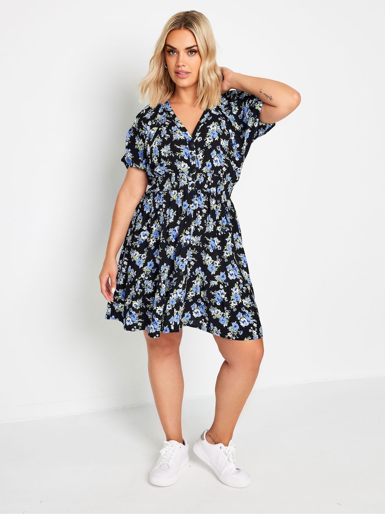 Yours Curve Blue Floral Print Button Through Dress - Image 2 of 5