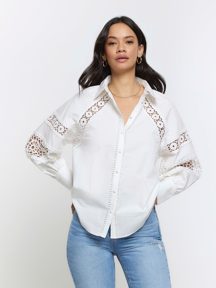 River Island White Crochet 100% Cotton Blouse - Image 1 of 4