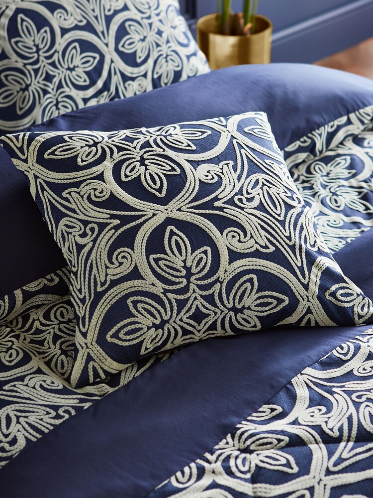 Catherine Lansfield Blue Navy Flock Trellis Cushion - Image 1 of 3