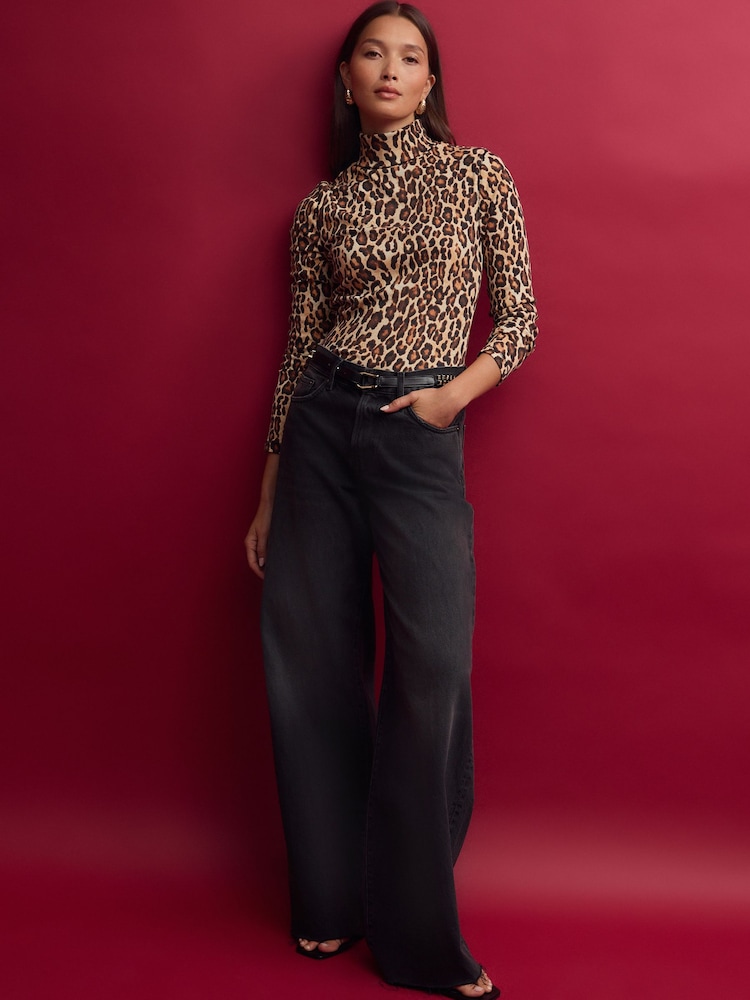 Animal Leopard Long Sleeve Ribbed Roll Neck Top - Image 2 of 9