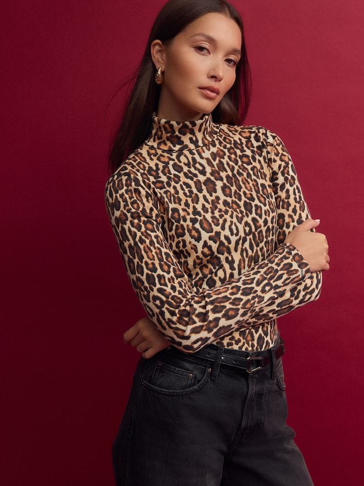 Animal Leopard Long Sleeve Ribbed Roll Neck Top - Image 3 of 9