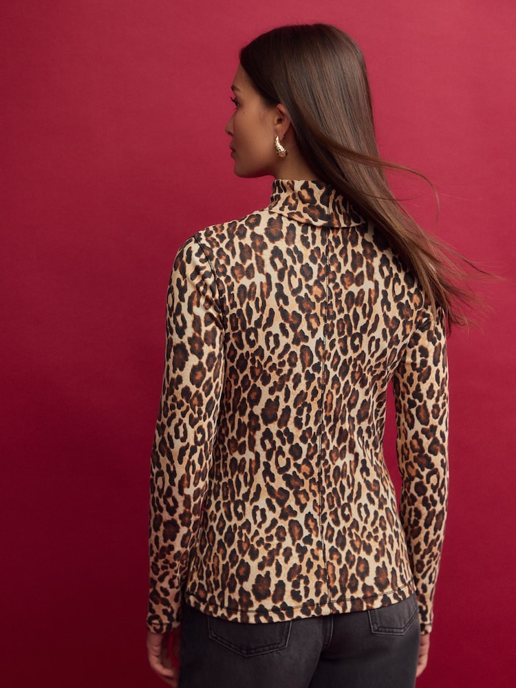 Animal Leopard Long Sleeve Ribbed Roll Neck Top - Image 4 of 9